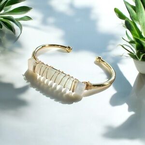 NEW 18K Yellow Gold-Plated Open Cuff with Wire-Wrapped Natural Selenite Crystal